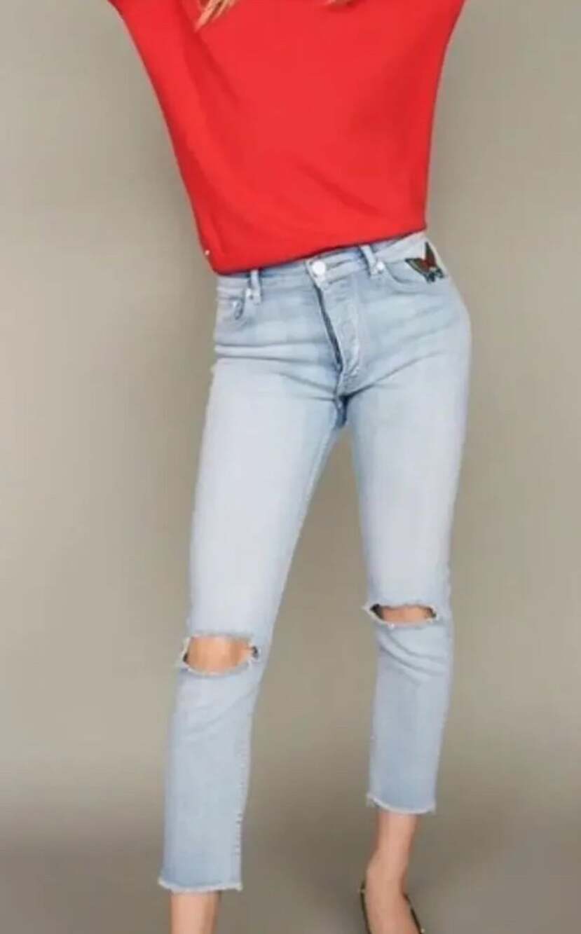 Maje Paolo Jeans Butterfly Patch Light Wash Distressed Denim Sz EU 36 US Small